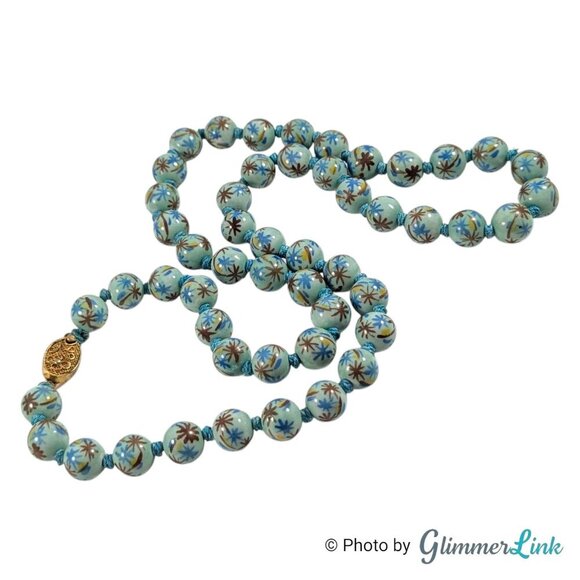 Vintage Chinese Export Hand Painted Knotted Blue Round Porcelain Bead Necklace - Picture 8 of 10